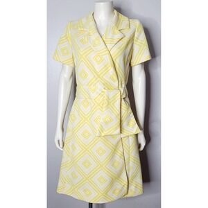 Vintage 1960s MOD Dress Yellow Geometric Print Wrap Style Pockets Saks Fifth Ave